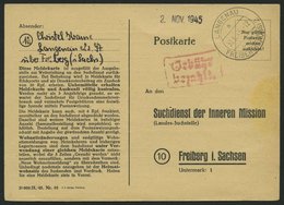 ALL. BES. GEBÜHR BEZAHLT LANGENAU FREIBERG (SACHS 2), 31.11.45, Roter R2 Gebühr Bezahlt, Suchdienstkarte, Pracht - Autres & Non Classés