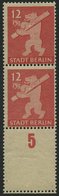 BERLIN UND BRANDENBURG 5AAwaxL **, 1945, 12 Pf. Mittelkarminrot, Graurosa Papier, Glatte Gummierung, Im Senkrechten Paar - Other & Unclassified