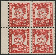 MECKLENBURG-VORPOMMERN 28b VB **, 1945, 12 Pf. Dunkelrosa Kinderhilfe Im Randviererblock, Pracht, Gepr. Kramp, Mi. 320.- - Other & Unclassified