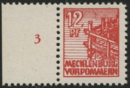 MECKLENBURG-VORPOMMERN 36xcc **, 1946, 12 Pf. Schwärzlichgraurot, Kreidepapier, Linkes Randstück, Pracht, Gepr. Kramp, M - Altri & Non Classificati