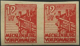 MECKLENBURG-VORPOMMERN 36ybU Paar **, 1946, 12 Pf. Rot, Graues Papier, Ungezähnt, Im Waagerechten Paar, Linke Marke Mit  - Altri & Non Classificati