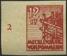 MECKLENBURG-VORPOMMERN 36ydU **, 1946, 12 Pf. Braunrot, Graues Papier, Ungezähnt, Linkes Randstück, Pracht, Gepr. Kramp, - Other & Unclassified