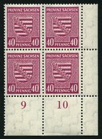 PROVINZ SACHSEN 84Xa VB **, 1945, 40 Pf. Dunkellilarosa, Wz. 1X, Im Unteren Rechten Eckrandviererblock, Dabei Plattenfeh - Autres & Non Classés