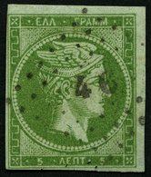 GRIECHENLAND 11IIb O, 1861, 5 L. Grasgrün Auf Grünlich, Feiner Druck, Nummernstempel 46, Pracht, Gepr. Büning, Mi. 160.- - Sonstige & Ohne Zuordnung