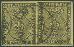 PARMA 1a Paar O, 1852, 5 C. Schwarz Auf Gelb Im Waagerechten Paar, K1 PARMA, Pracht, Signiert Kruschel - Parme