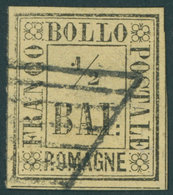 ROMAGNA 1 O, 1859, 1/2 Baj. Schwarz Auf Strohgelb, Kabinett, Gepr. E. Diena, Mi. 320.- - Romagne