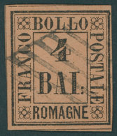 ROMAGNA 5 O, 1859, 4 Baj. Schwarz Auf Rotbraun, Kabinett, Signiert Mi. (160.-) - Romagne