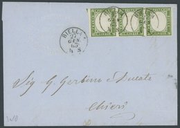 SARDINIEN 10 BRIEF, 1863, 5 C. Graugrün Im Waagerechten Dreierstreifen Auf Brief, K1 BIELLA, Pracht - Sardaigne
