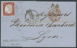 SARDINIEN 13b BRIEF, 1863, 40 C. Rot Auf Brief Von MAILAND Nach Lyon Mit Rotem Grenz-K2 Und Rückseitigem BP-Stempel, Pra - Sardaigne