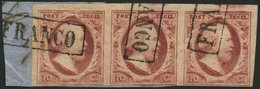 NIEDERLANDE 2 BrfStk, 1852, 10 C. Rosakarmin Im Waagerechten Dreierstreifen, R1 FRANCO, Prachtbriefstück - Oblitérés