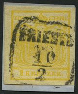 ÖSTERREICH 1Xd BrfStk, 1850, 1 Kr. Kadmiumgelb, Handpapier, Type III, K3 TRIESTE, Breitrandig, Knappes Prachtbriefstück, - Oblitérés