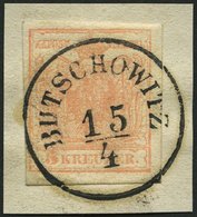 ÖSTERREICH 3Y BrfStk, 1854, 3 Kr. Blassrot, Maschinenpapier, Zentrischer K1 BUTSCHOWITZ, Kabinettbriefstück - Used Stamps