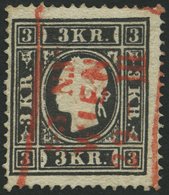 ÖSTERREICH 11II O, 1859, 3 Kr. Schwarz, Type II, Roter R3 WIEN, Pracht, Mi. 230.- - Gebraucht