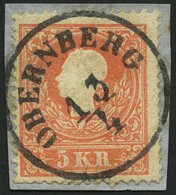 ÖSTERREICH 13I BrfStk, 1858, 5 Kr. Rot, Type I, Zentrischer K1 OBERNBERG, üblich Gezähnt, Prachtbriefstück - Gebraucht