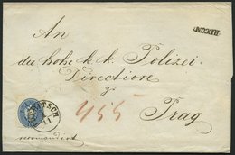 ÖSTERREICH 33 BRIEF, 1863, 10 Kr. Blau Und Rückseitiges Reco-Porto 10 Kr. Blau (defekt) Auf Brief Von TREBITSCH Nach Pra - Usati