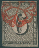 ZÜRICH 2II O, 1843, 6 Rp. Schwarz/dunkelbräunlichrot, Linienunterdruck Waagerecht, Type IV, Rote Rosette, Repariert Wie  - 1843-1852 Timbres Cantonaux Et  Fédéraux