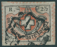 SCHWEIZ BUNDESPOST 4 O, 1850, 21/2 Rp. Schwarz/braunrot, Sog. Winterthur, Mit Schwarzer Rosette, Repariert, Bildseitig P - 1843-1852 Kantonalmarken Und Bundesmarken