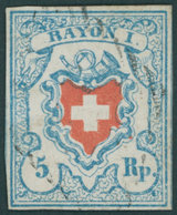 SCHWEIZ BUNDESPOST 9II O, 1851, 5 Rp. Hellblau/rot Mit Retusche Im Rotdruckstein (Zst. Nr. 17II.3.17, Type 24, Stein U/L - 1843-1852 Kantonalmarken Und Bundesmarken