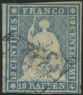 SCHWEIZ BUNDESPOST 14Ib O, 1854, 10 Rp. Mittelblau, 2. Münchener Druck, (Zst. 23A), Schmal-breitrandig, Pracht, Gepr. Vo - 1843-1852 Federal & Cantonal Stamps