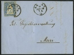 SCHWEIZ BUNDESPOST 14IIByo BRIEF, 1858, 10 Rp. Lebhaftblau, Dunkelroter Seidenfaden, Berner Druck I, (Zst. 23C), Vollran - 1843-1852 Federale & Kantonnale Postzegels