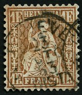 SCHWEIZ BUNDESPOST 28a O, 1863, 1 Fr. Goldbronze (gelblich), Repariert Wie Pracht, Signiert, Mi. 420.- - 1843-1852 Correos Federales Y Cantonales