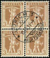 SCHWEIZ BUNDESPOST 95 VB O, 1907, 2 C. Dunkelocker Im Zentrisch Gestempelten Viererblock, Pracht - 1843-1852 Kantonalmarken Und Bundesmarken