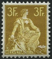 SCHWEIZ BUNDESPOST 110 *, 1908, 3 Fr. Schwärzlichgraugelb/mattgelb, Falzreste, Gummi Etwas Wellig, Pracht, Mi. 320.- - 1843-1852 Federal & Cantonal Stamps