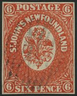 KANADA - NEUFUNDLAND 6a O, 1857, 6 P. Zinnober (SG.-Nr. 6), Zarter Balkenstempel, Vollrandig, Farbfrisches Prachtstück,  - 1857-1861