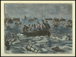 Die ELBE: Überschwemmung Der Niederelbe, Kolorierter Holzstich Nach Arnould Von 1888, - Lithographien