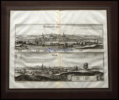 NEUSTADT A.D.ORLA Und OSCHATZ, 2 Gesamtansichten Auf Einem Blatt, Kupferstich Von Merian Um 1645 - Litografia