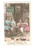 CPA Fantaisie Joyeux Nouvel An Enfants Jouets Cheval à Bascule Trompette Tambour Carabine  Colorisée 1910 - Autres & Non Classés