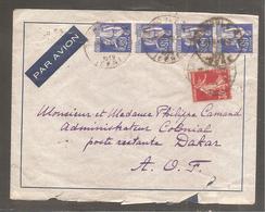 Envelop Oblit Grenoble 1939 65c PAIX X 4  30c Semeuse  Par Avion  Pour Dakar Au Dos Timbre Senegal Oblit DAKAR - Briefe U. Dokumente
