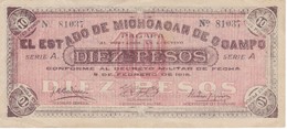 BILLETE DE MEXICO DE 10 PESOS DEL AÑO 1915 ESTADO DE MICHOACAN DE OCAMPO  (BANKNOTE)  RARO - Mexiko