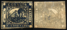 ARGENTINA: GJ.11A, IN Ps. Dark Blue, PARCHMENT-like Paper Variety (rare), Type 23 On The Reconstruction, 3 Margins, Very - Buenos Aires (1858-1864)
