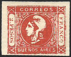 ARGENTINA: GJ.15, Spectacular Example Of 2P. In Bright Red Color (rare), Mint Full Original Gum With Light Hinge Mark (+ - Buenos Aires (1858-1864)