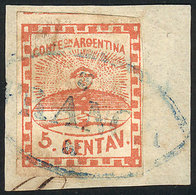 ARGENTINA: GJ.1, Used On Fragment, With FRANCA Cancel Of Santa Fe In Blue, VF, Signed By Alberto Solari On Back. - Usados