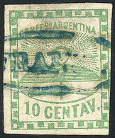 ARGENTINA: GJ.2, 10c. Green, With FRANCA Cancel Of San Luis In Green-blue (+450%), Small Defect On Back, Excellent Front - Usados