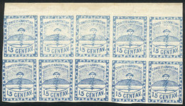 ARGENTINA: GJ.3, 15c. Blue, Small Figures, Beautiful Block Of 10 Stamps, MNH (one With Tiny Hinge Mark), With VARIETY: I - Used Stamps