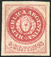 ARGENTINA: GJ.12, 5c. Carmine-rose, Semi-worn Plate, Mint, VERY WIDE MARGINS, Tiny Thin On Back, The Front Is Absolutely - Autres & Non Classés