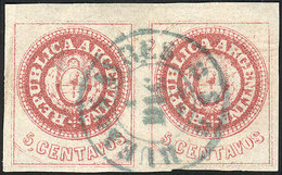 ARGENTINA: GJ.14, 5c. Without Accent, Worn Plate, Beautiful Pair Used In Buenos Aires, Excellent Quality! - Otros & Sin Clasificación