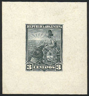 ARGENTINA: GJ.220, 3c. Liberty, Die Proof Printed On Card With Glazed Front, In Greenish Gray, Excellent Quality, Rare! - Autres & Non Classés