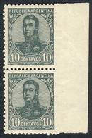 ARGENTINA: GJ.282, 1908 10c. San Martín In Oval, Pair With Variety: IMPERFORATE At Right, Excellent Quality, Extremely R - Otros & Sin Clasificación