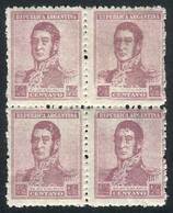 ARGENTINA: GJ.457, ½c. San Martín Unwatermarked Printed On Dutch Paper, Block Of 4 With "very Worn Plate And Retouches"  - Otros & Sin Clasificación