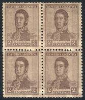 ARGENTINA: GJ.459b, 1918 2c. San Martín Unwatermarked, Block Of 4 With Variety: DOUBLE IMPRESSION, One Faint, VF, Catalo - Autres & Non Classés