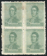 ARGENTINA: GJ.503a, 3c. San Martín, Block Of 4 With Notable Complete DOUBLE IMPRESSION, Mint No Gum, VF And Very Rare! - Autres & Non Classés