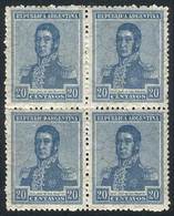 ARGENTINA: GJ.561, 1923 20c. San Martín With Watermark Printed On Front, Block Of 4 With THICK PAPER Variety, Mint Never - Other & Unclassified