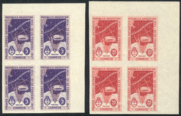 ARGENTINA: GJ.943P + 944P, 1947 First Antarctic Post, Set Of 2 Unwatermarked IMPERFORATE Blocks Of 4, Sheet Corner, Fant - Other & Unclassified