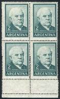 ARGENTINA: GJ.1135, 1959/64 2P. Sarmiento (teacher, Politician) Block Of 4 With Variety: Double Perforation At Bottom Cr - Autres & Non Classés