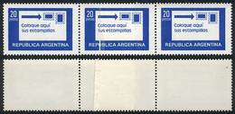 ARGENTINA: GJ.1782A, 1977/9 20P. "Place Stamps Here" Printed On Fluorescent Chalky Paper, Strip Of 3 With PAPER OVERLAP  - Sonstige & Ohne Zuordnung