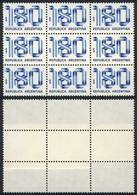 ARGENTINA: GJ.1861, 1979/82 $180 Ribbons, Block Of 9 With PAPER OVERLAP Variety, VF! - Sonstige & Ohne Zuordnung